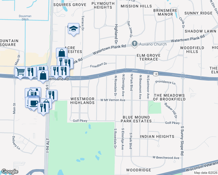 map of restaurants, bars, coffee shops, grocery stores, and more near 400 North Lynnwood Lane in Brookfield