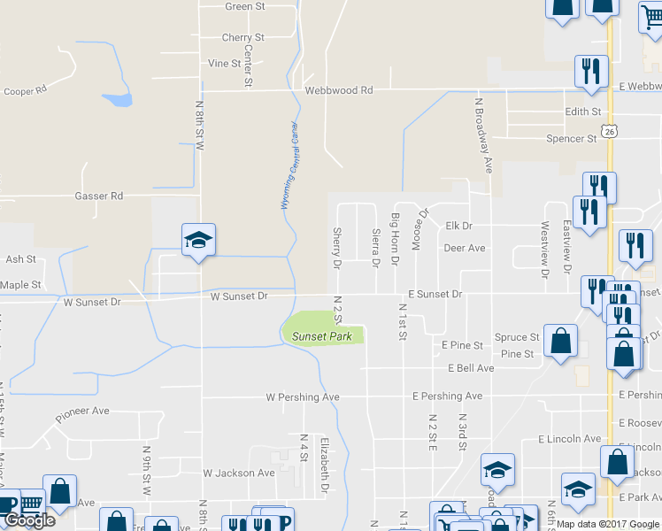 map of restaurants, bars, coffee shops, grocery stores, and more near 928 Sherry Drive in Riverton