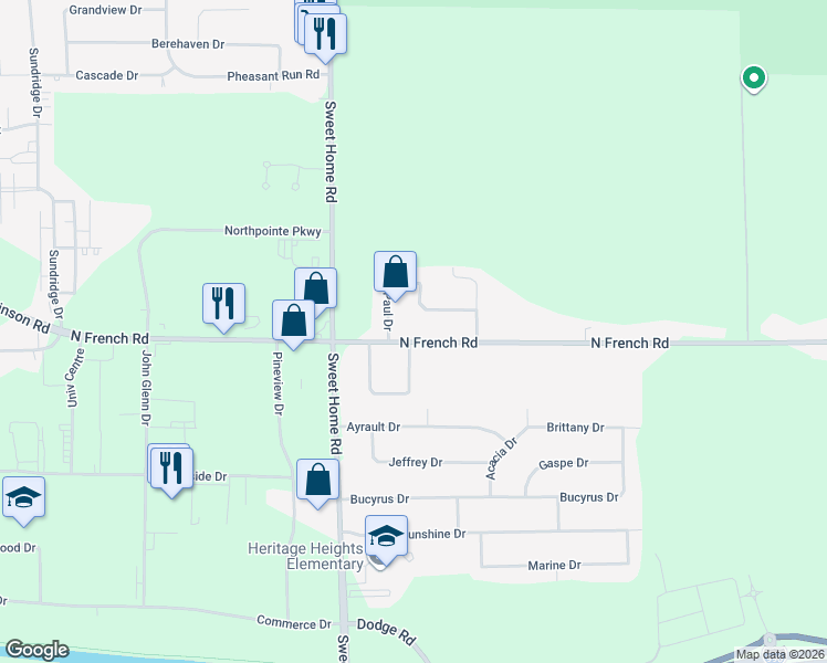 map of restaurants, bars, coffee shops, grocery stores, and more near 768 North French Road in Buffalo
