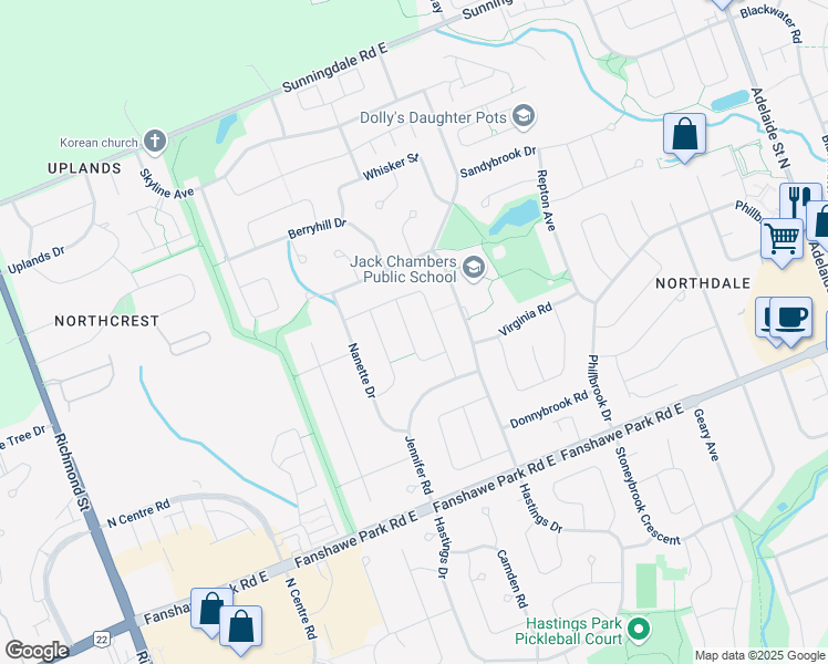 map of restaurants, bars, coffee shops, grocery stores, and more near 136 Jennifer Crescent in London