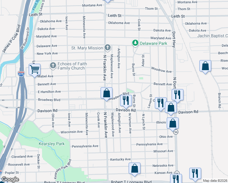 map of restaurants, bars, coffee shops, grocery stores, and more near 2102 Maplewood Avenue in Flint