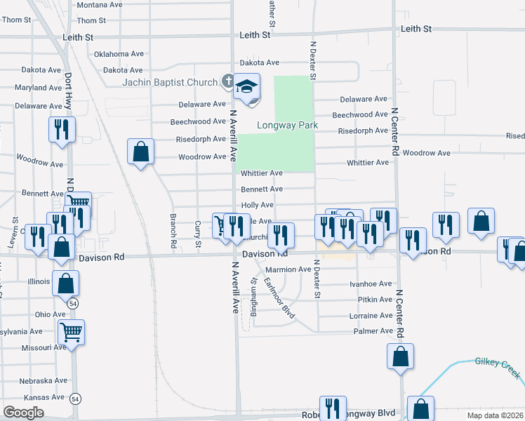map of restaurants, bars, coffee shops, grocery stores, and more near 3422 Holly Avenue in Flint
