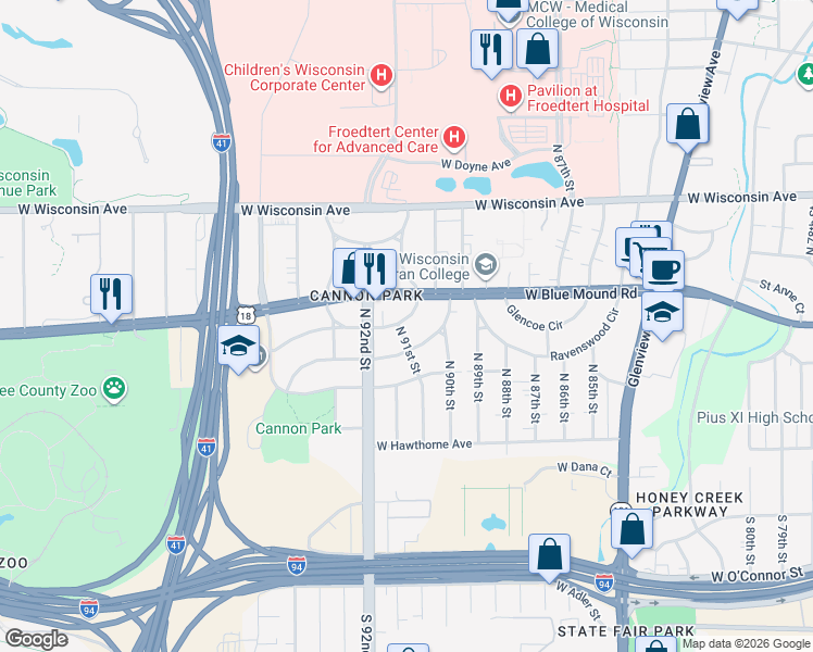 map of restaurants, bars, coffee shops, grocery stores, and more near 408 North 91st Street in Milwaukee