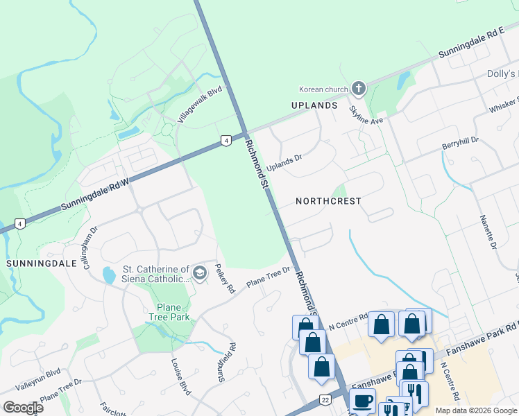 map of restaurants, bars, coffee shops, grocery stores, and more near 1985 Richmond Street in London