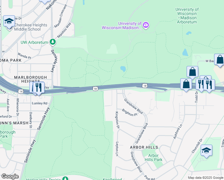 map of restaurants, bars, coffee shops, grocery stores, and more near 105 River Bend Road in Madison