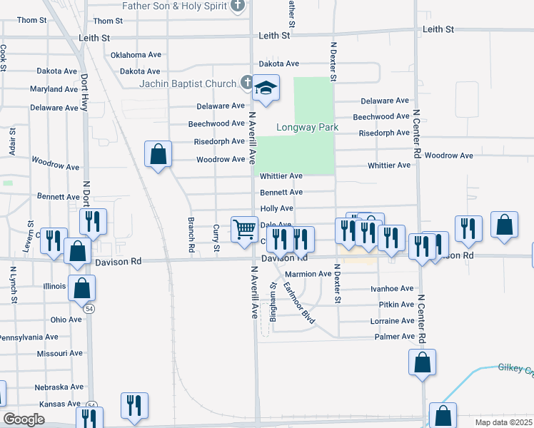 map of restaurants, bars, coffee shops, grocery stores, and more near 3316 Holly Avenue in Flint