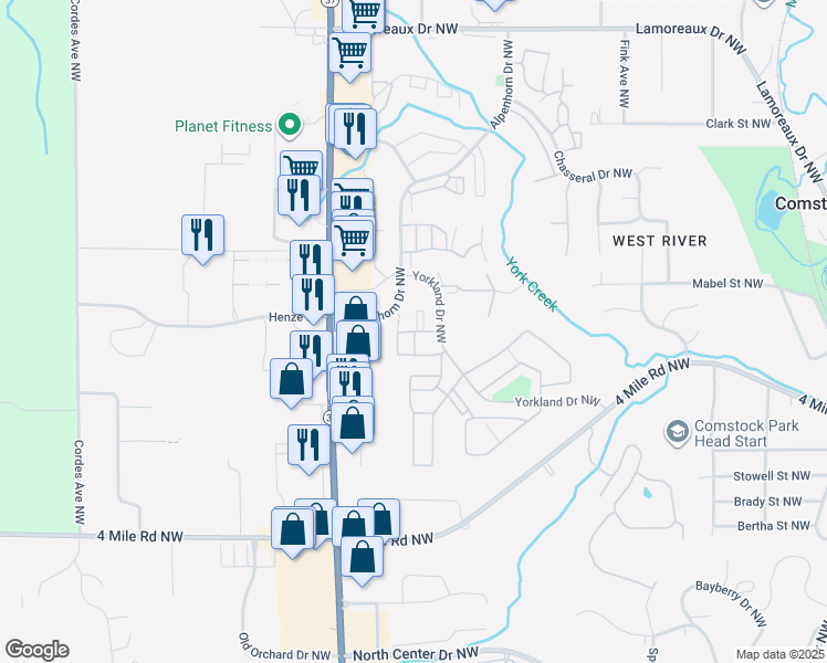 map of restaurants, bars, coffee shops, grocery stores, and more near 3905 Yorkland Drive Northwest in Comstock Park