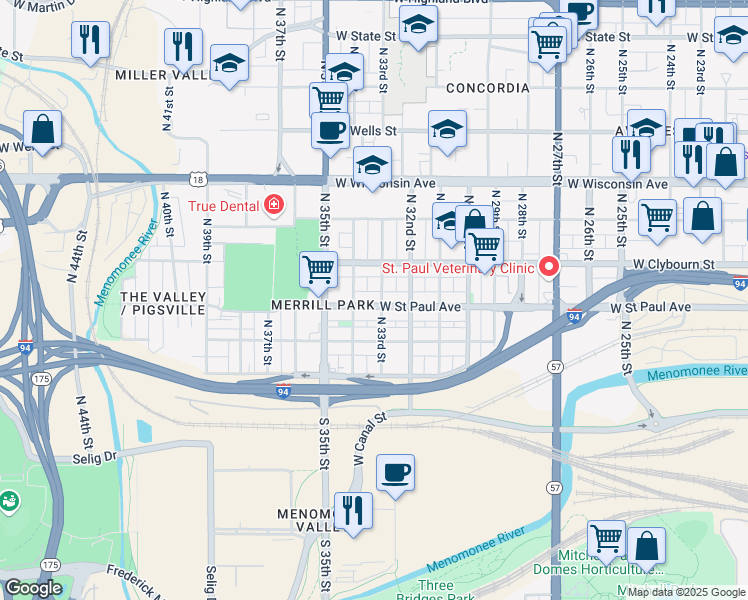 map of restaurants, bars, coffee shops, grocery stores, and more near 3302 West Saint Paul Avenue in Milwaukee