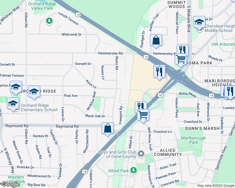 map of restaurants, bars, coffee shops, grocery stores, and more near 1614 Reetz Road in Madison
