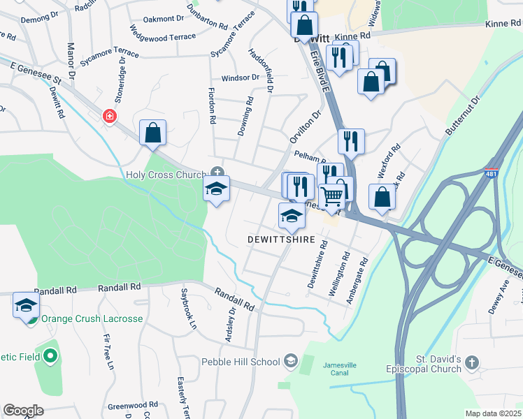 map of restaurants, bars, coffee shops, grocery stores, and more near 108 Cornwall Drive in Syracuse