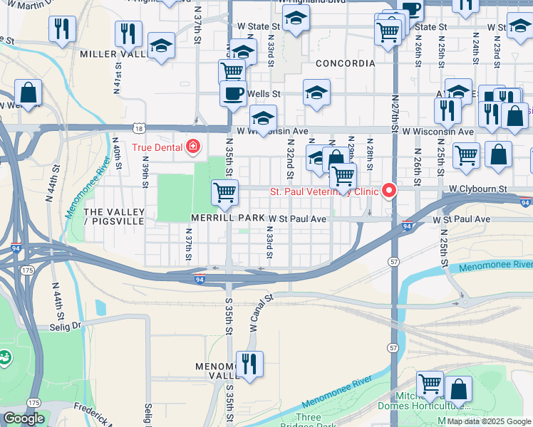 map of restaurants, bars, coffee shops, grocery stores, and more near 3302 West Saint Paul Avenue in Milwaukee