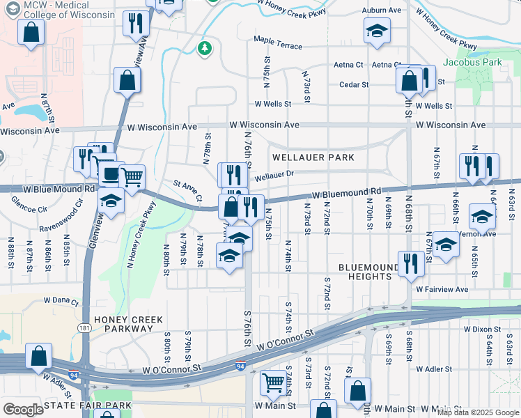 map of restaurants, bars, coffee shops, grocery stores, and more near 7515 West Bluemound Road in Milwaukee