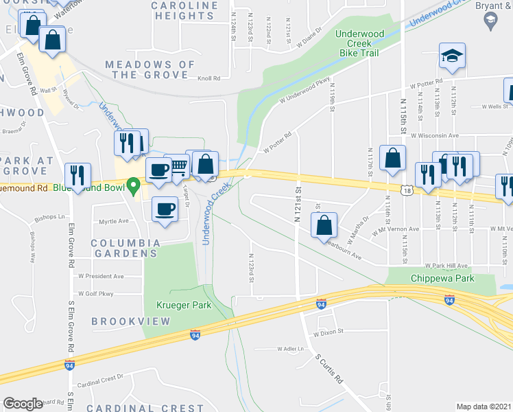 map of restaurants, bars, coffee shops, grocery stores, and more near 12315 West Dearbourn Avenue in Wauwatosa