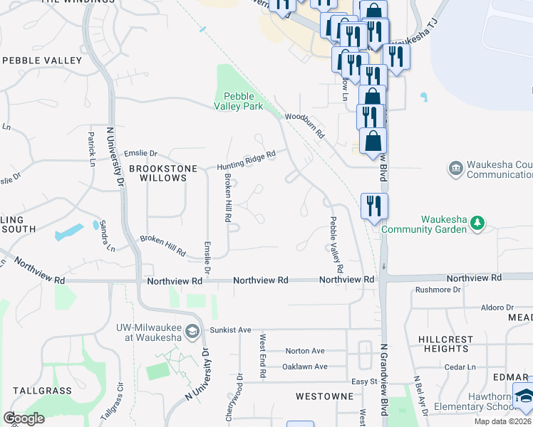 map of restaurants, bars, coffee shops, grocery stores, and more near 2309 Ramshead Court in Waukesha
