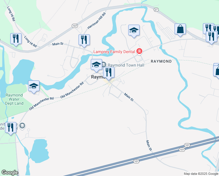 map of restaurants, bars, coffee shops, grocery stores, and more near 1 Orchard Street in Raymond