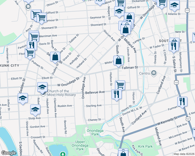 map of restaurants, bars, coffee shops, grocery stores, and more near 121 Palmer Avenue in Syracuse