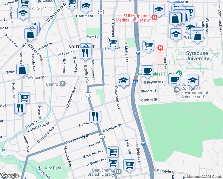 map of restaurants, bars, coffee shops, grocery stores, and more near 105 Croton Terrace in Syracuse