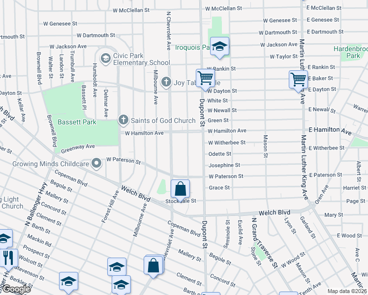map of restaurants, bars, coffee shops, grocery stores, and more near 2113 Mount Elliott Avenue in Flint