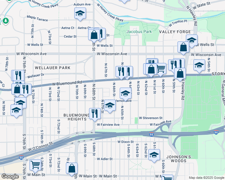 map of restaurants, bars, coffee shops, grocery stores, and more near 351 North 66th Street in Milwaukee