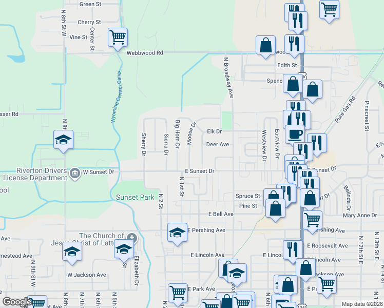 map of restaurants, bars, coffee shops, grocery stores, and more near 927 Moose Drive in Riverton