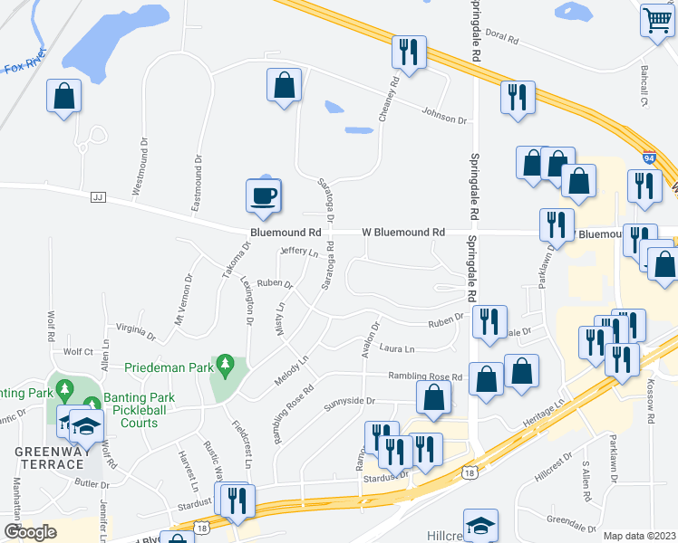 map of restaurants, bars, coffee shops, grocery stores, and more near 2431 Saratoga Road in Waukesha