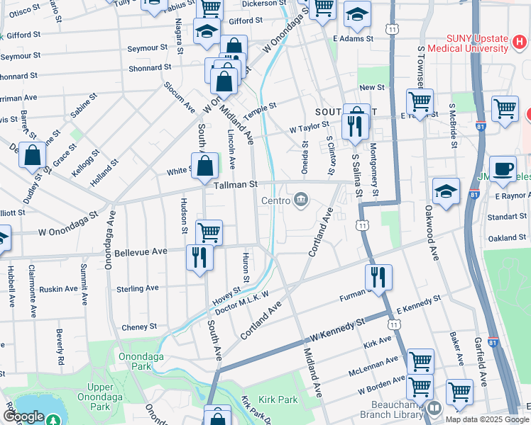 map of restaurants, bars, coffee shops, grocery stores, and more near 441 Midland Avenue in Syracuse