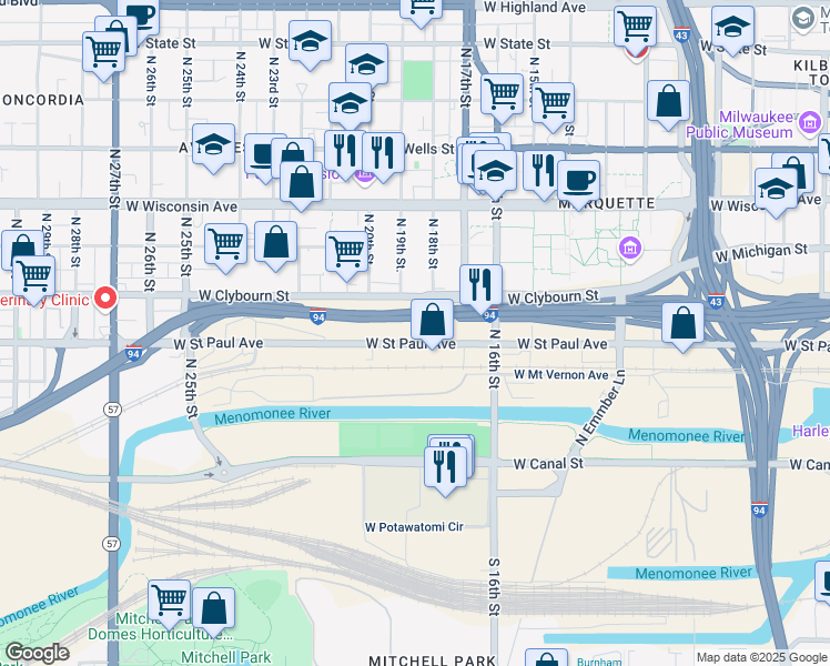 map of restaurants, bars, coffee shops, grocery stores, and more near 1818 West Saint Paul Avenue in Milwaukee