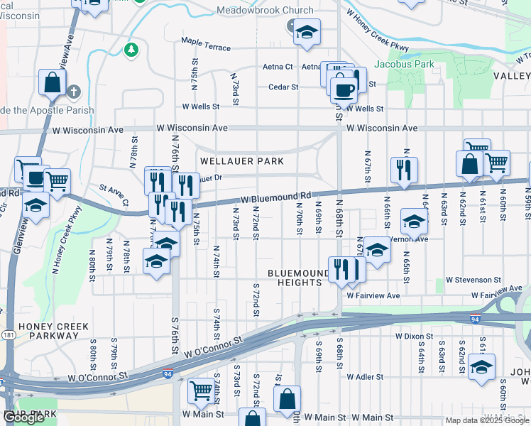 map of restaurants, bars, coffee shops, grocery stores, and more near 7130 West Saint Paul Avenue in Milwaukee