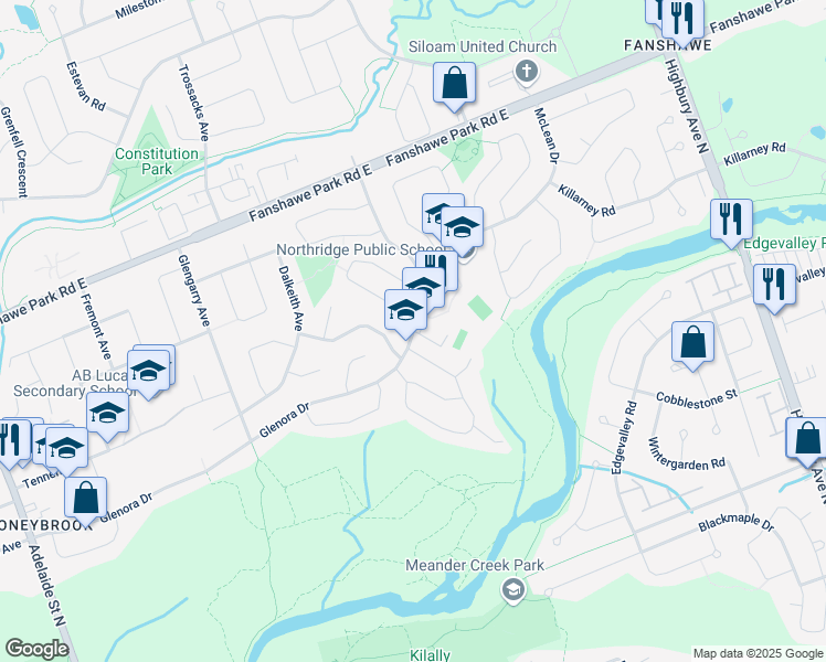 map of restaurants, bars, coffee shops, grocery stores, and more near 1433 Glenora Drive in London