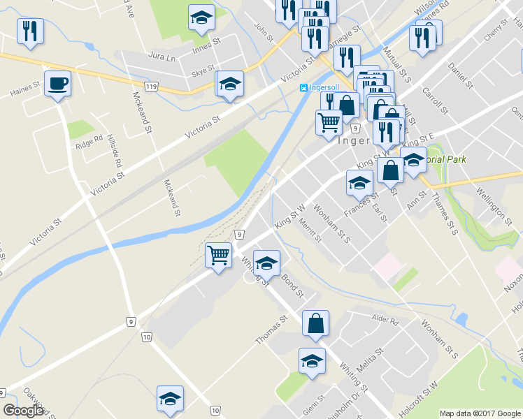 map of restaurants, bars, coffee shops, grocery stores, and more near 221 Charles Street West in Ingersoll