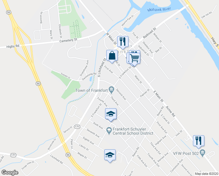 map of restaurants, bars, coffee shops, grocery stores, and more near 306 South Frankfort Street in Frankfort