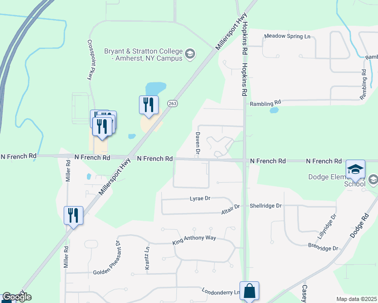 map of restaurants, bars, coffee shops, grocery stores, and more near 2198 North French Road in Getzville