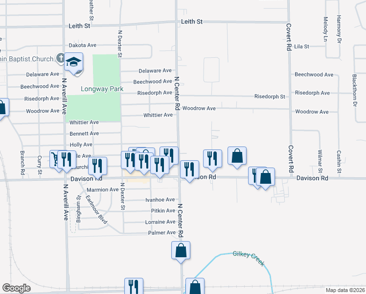 map of restaurants, bars, coffee shops, grocery stores, and more near 2068 Center Road in Burton