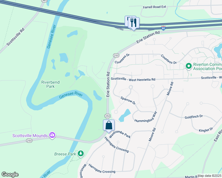 map of restaurants, bars, coffee shops, grocery stores, and more near 27 Sparrow Drive in West Henrietta