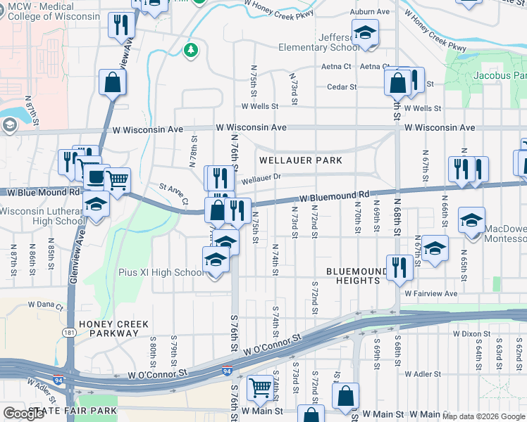 map of restaurants, bars, coffee shops, grocery stores, and more near 412 North 75th Street in Milwaukee