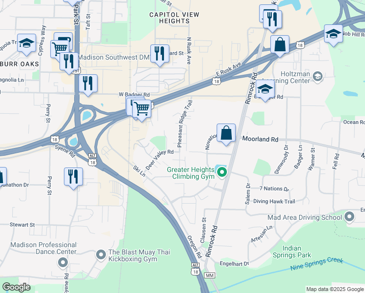 map of restaurants, bars, coffee shops, grocery stores, and more near 2617 Pheasant Ridge Trail in Madison