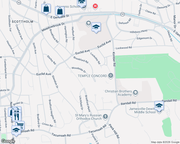 map of restaurants, bars, coffee shops, grocery stores, and more near 119 Woodside Drive in Syracuse