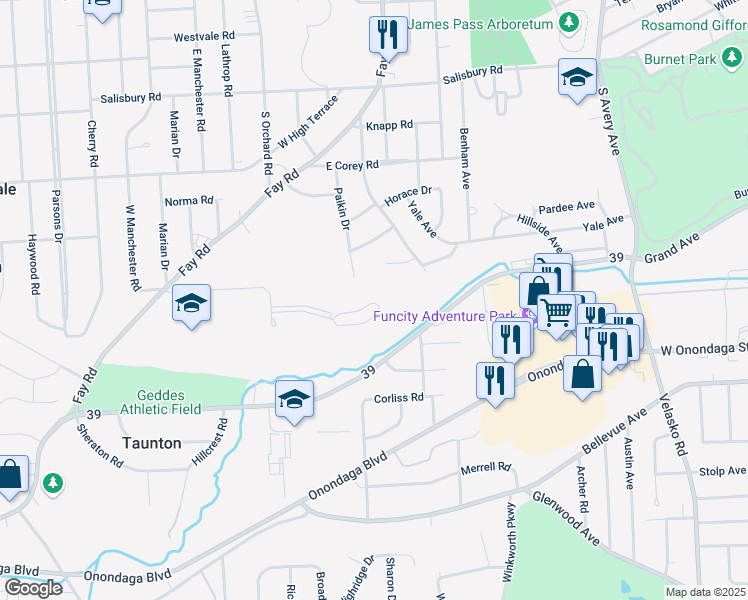 map of restaurants, bars, coffee shops, grocery stores, and more near 312 Paikin Drive in Syracuse