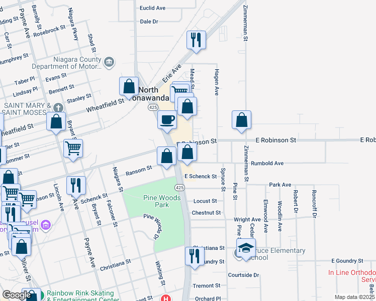 map of restaurants, bars, coffee shops, grocery stores, and more near 16 Mead Street in North Tonawanda