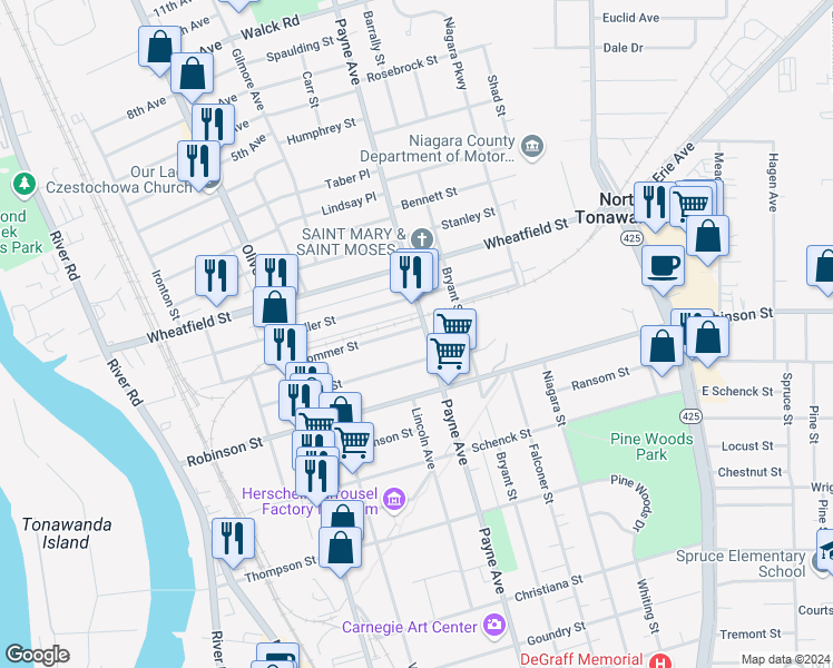 map of restaurants, bars, coffee shops, grocery stores, and more near 424 Payne Avenue in North Tonawanda