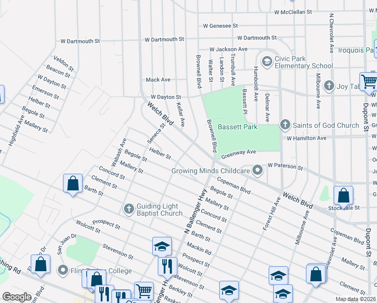 map of restaurants, bars, coffee shops, grocery stores, and more near 2038 Copeman Boulevard in Flint