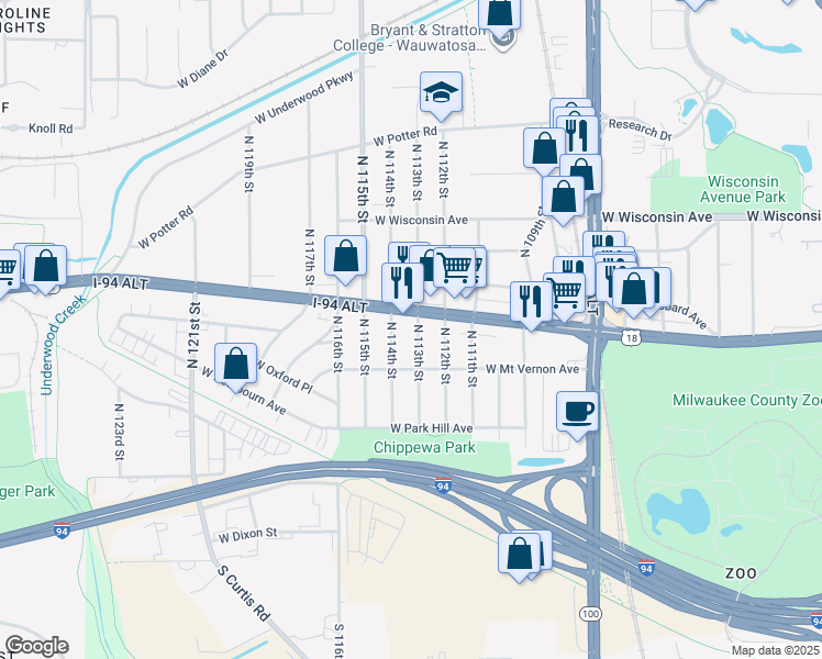 map of restaurants, bars, coffee shops, grocery stores, and more near 404 North 114th Street in Wauwatosa