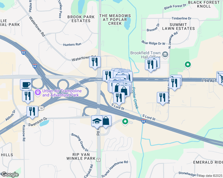 map of restaurants, bars, coffee shops, grocery stores, and more near 20391 U.S. 18 in Brookfield