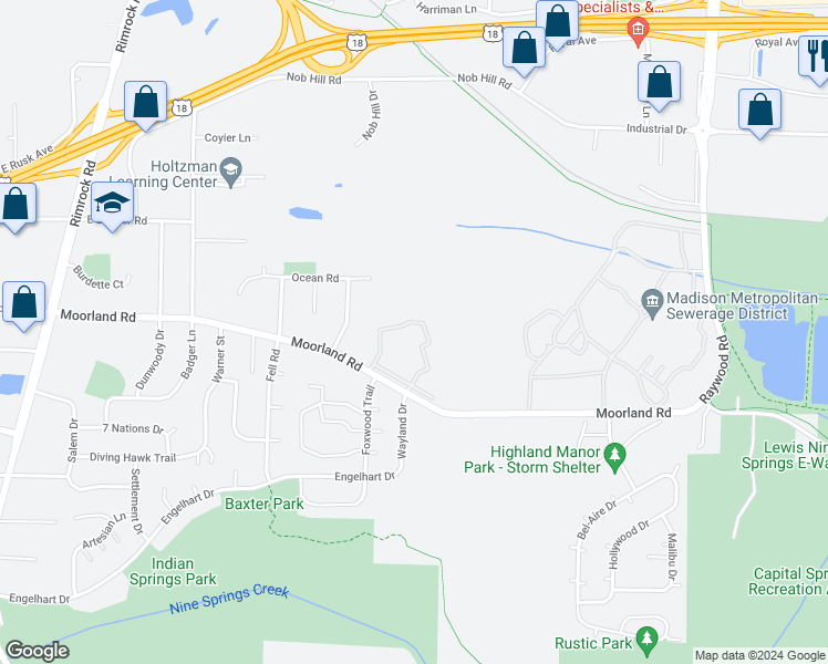 map of restaurants, bars, coffee shops, grocery stores, and more near 1022 Moorland Road in Madison