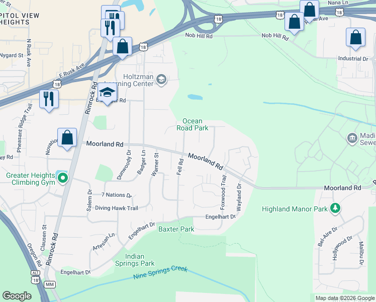 map of restaurants, bars, coffee shops, grocery stores, and more near 910 Moorland Road in Madison