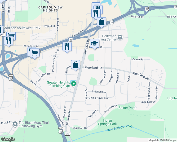 map of restaurants, bars, coffee shops, grocery stores, and more near 415 Moorland Road in Madison