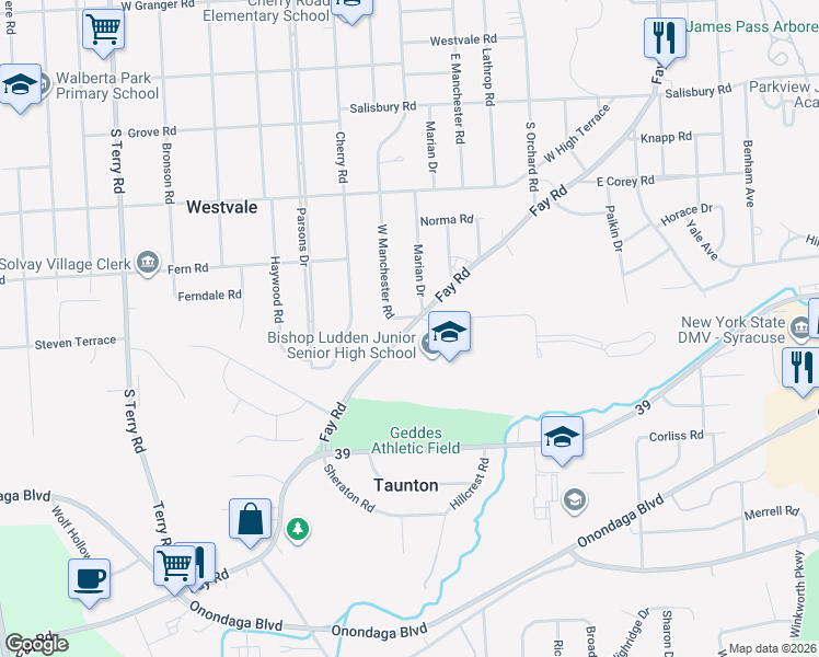 map of restaurants, bars, coffee shops, grocery stores, and more near 600 West Manchester Road in Syracuse
