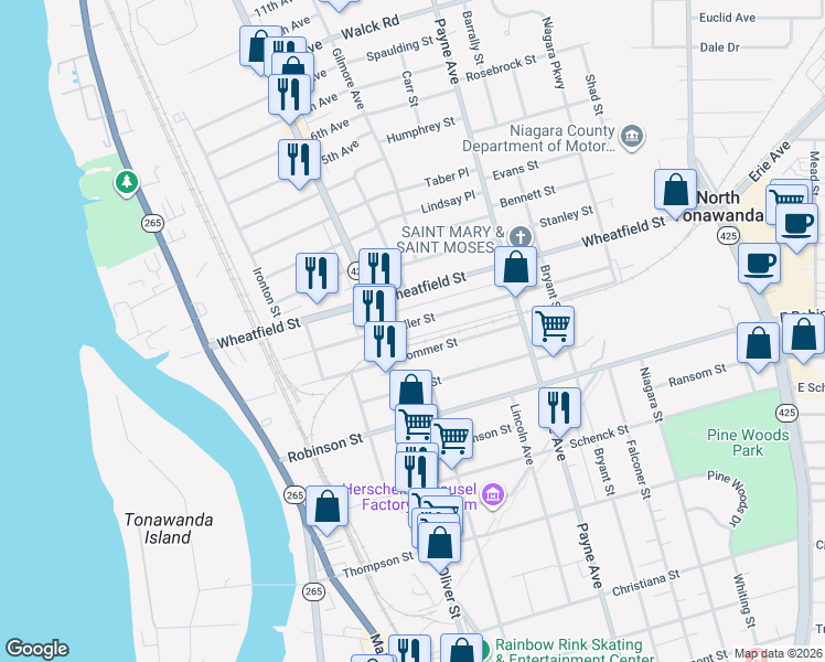 map of restaurants, bars, coffee shops, grocery stores, and more near 191 Miller Street in North Tonawanda