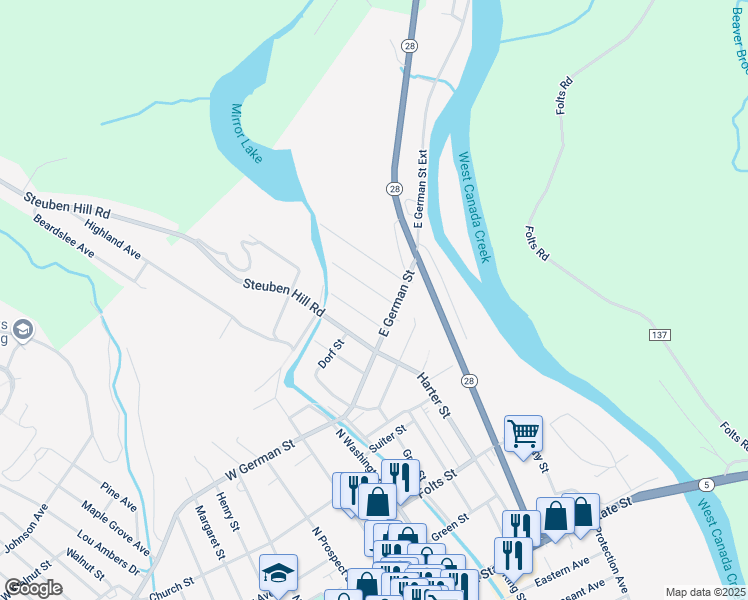 map of restaurants, bars, coffee shops, grocery stores, and more near 511 W Lake Ave in Herkimer