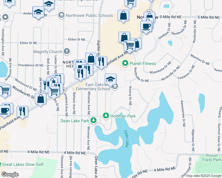 map of restaurants, bars, coffee shops, grocery stores, and more near 3940 Suburban Shores Drive Northeast in Grand Rapids